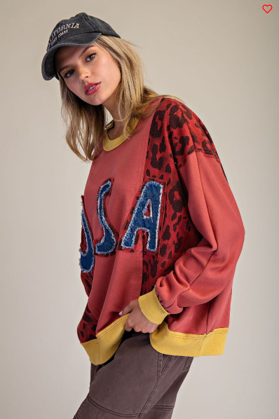 Easel USA Leopard‑Accent Sweatshirt – Red Boho Graphic Pullover | Boho Boutique Clothing