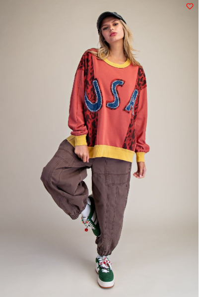 Easel USA Leopard‑Accent Sweatshirt – Red Boho Graphic Pullover | Boho Boutique Clothing