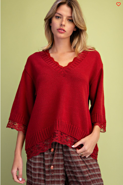 Easel Lace‑Trim V‑Neck Sweater – Red Boho Long‑Sleeve Top | Boho Boutique Clothing