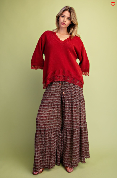 Easel Lace‑Trim V‑Neck Sweater – Red Boho Long‑Sleeve Top | Boho Boutique Clothing
