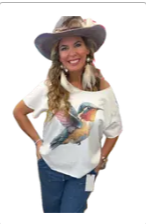 Blue Indigo Hummingbird Bling Top – White Boho Graphic Tee | Boho Boutique Clothing