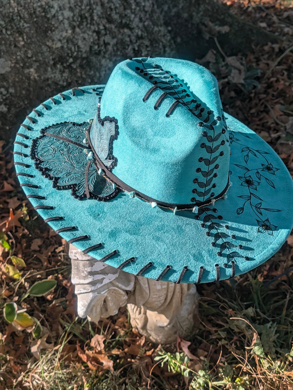 Custom Hand-Burned Vegan Leather Western Hat – Turquoise Floral Boho Statement Hat | Boho Boutique Clothing