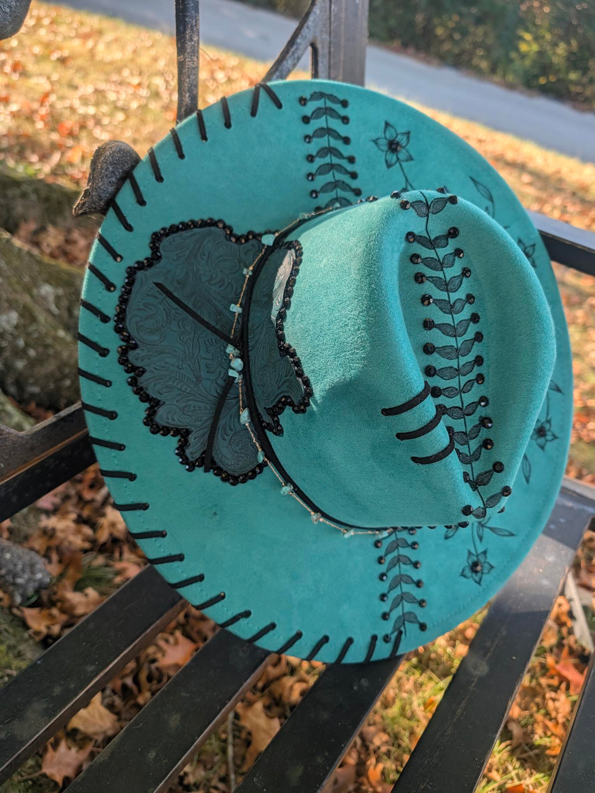 Custom Hand-Burned Vegan Leather Western Hat – Turquoise Floral Boho Statement Hat | Boho Boutique Clothing