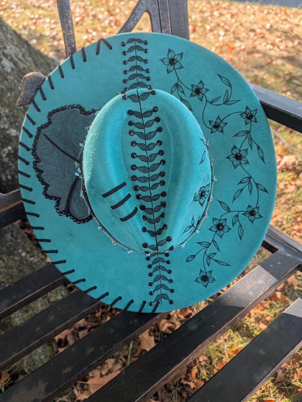 Custom Hand-Burned Vegan Leather Western Hat – Turquoise Floral Boho Statement Hat | Boho Boutique Clothing