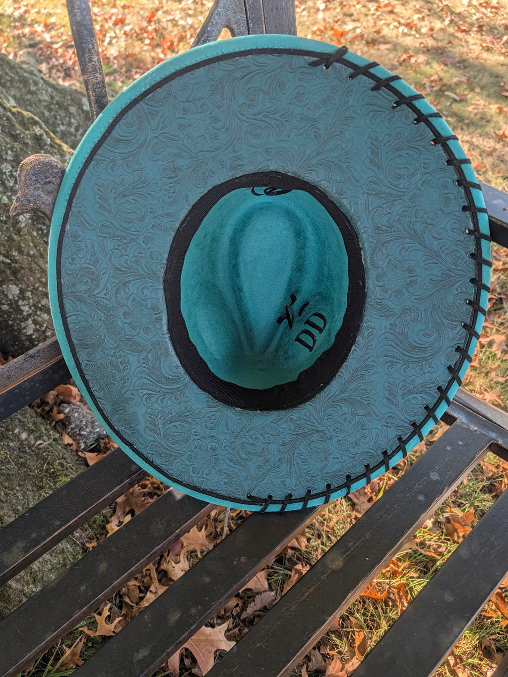 Custom Hand-Burned Vegan Leather Western Hat – Turquoise Floral Boho Statement Hat | Boho Boutique Clothing