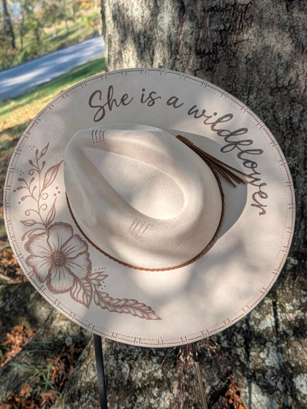She is a Wildflower Hat-Hand-Burned Boho Rancher Hat | Boho Boutique Clothing