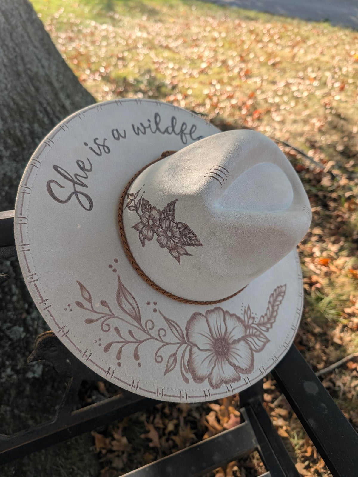 She is a Wildflower Hat-Hand-Burned Boho Rancher Hat | Boho Boutique Clothing