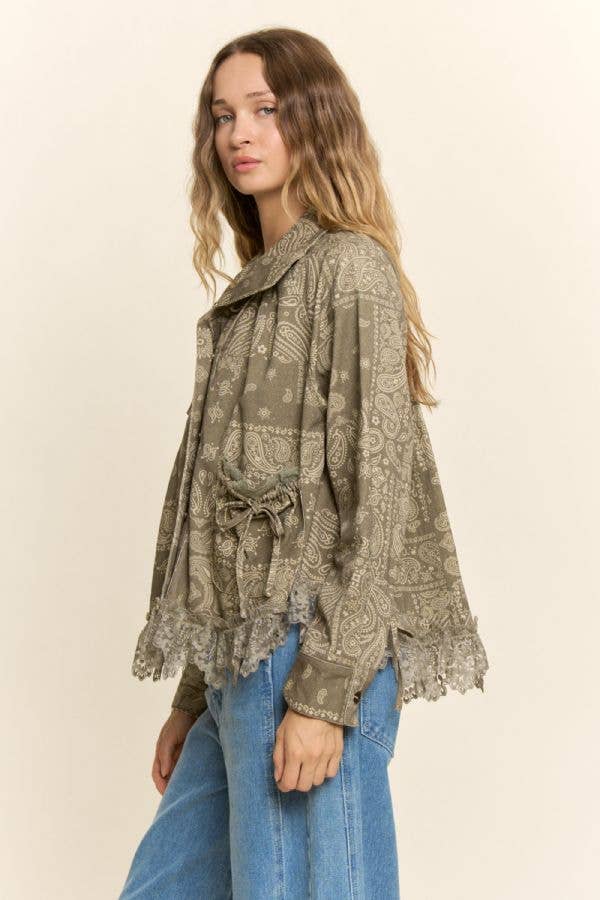 Davi & Dani Frayed Hem Pattern Jacket – Taupe Textured Boho Shacket | Boho Boutique Clothing