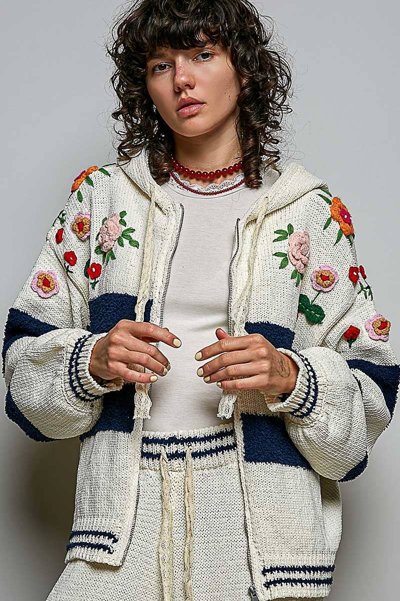 Pol Clothing - Striped Pattern 3D Embroidered Hoodie Zip Up Sweater Top