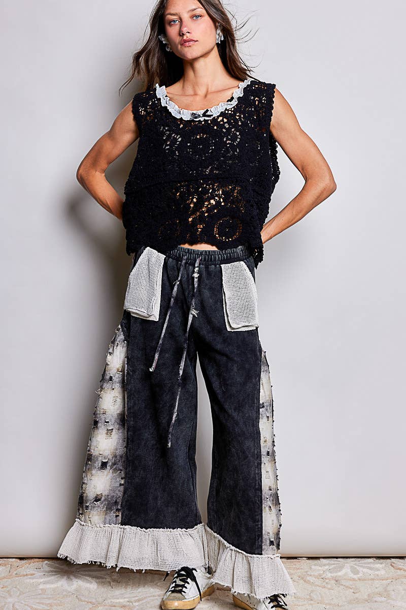 POL Patchwork Tie‑Dye Wide‑Leg Pants – Black Boho Drawstring Bottoms | Boho Boutique Clothing