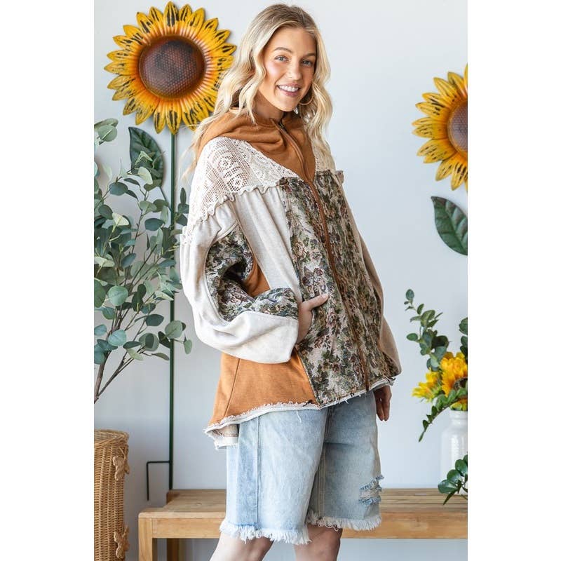 Oli & Hali Floral Patchwork Hooded Jacket – Beige Boho Button‑Up Shacket | Boho Boutique Clothing