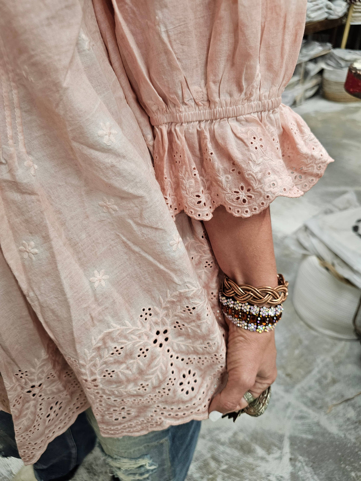 Eyelet Linen Blouse – Blush Pink Ruffle Sleeve Boho Top | Boho Boutique Clothing