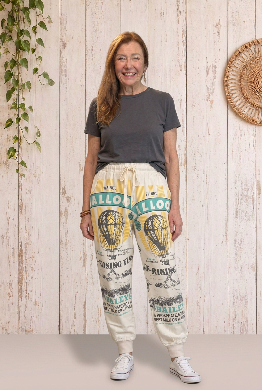 Cotton Jogger Pants – Cream Graphic Boho Statement Pants | Boho Boutique Clothing