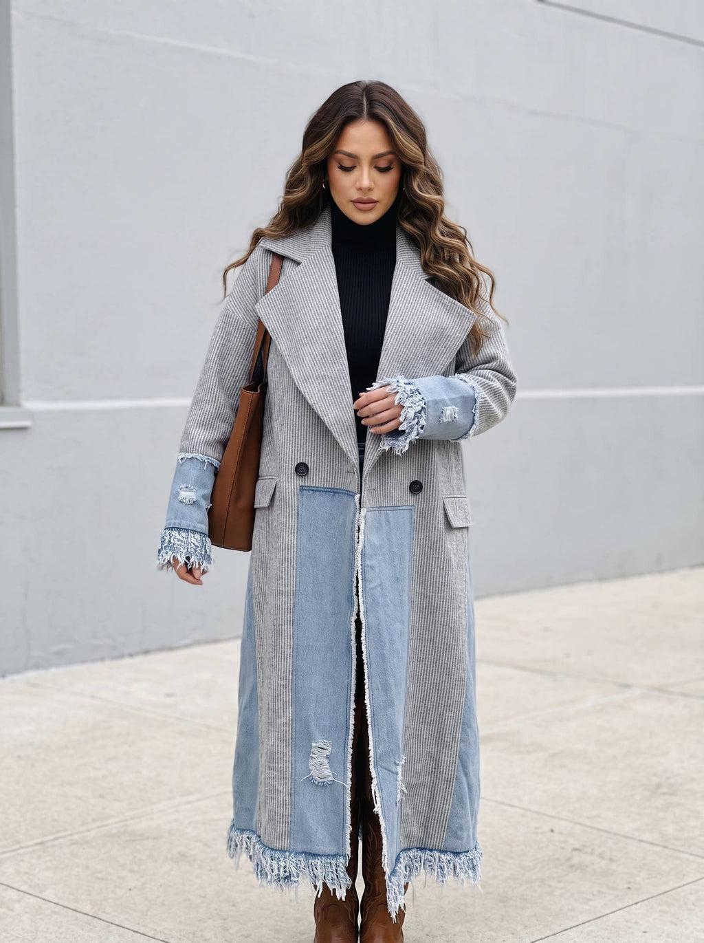 Athina Collection Denim‑Trim Coat – Gray Boho Longline Frayed Jacket | Boho Boutique Clothing