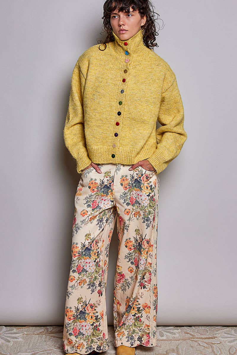 POL High‑Neck Button Sweater – Mustard Boho Knit with Color Pop Buttons | Boho Boutique Clothing