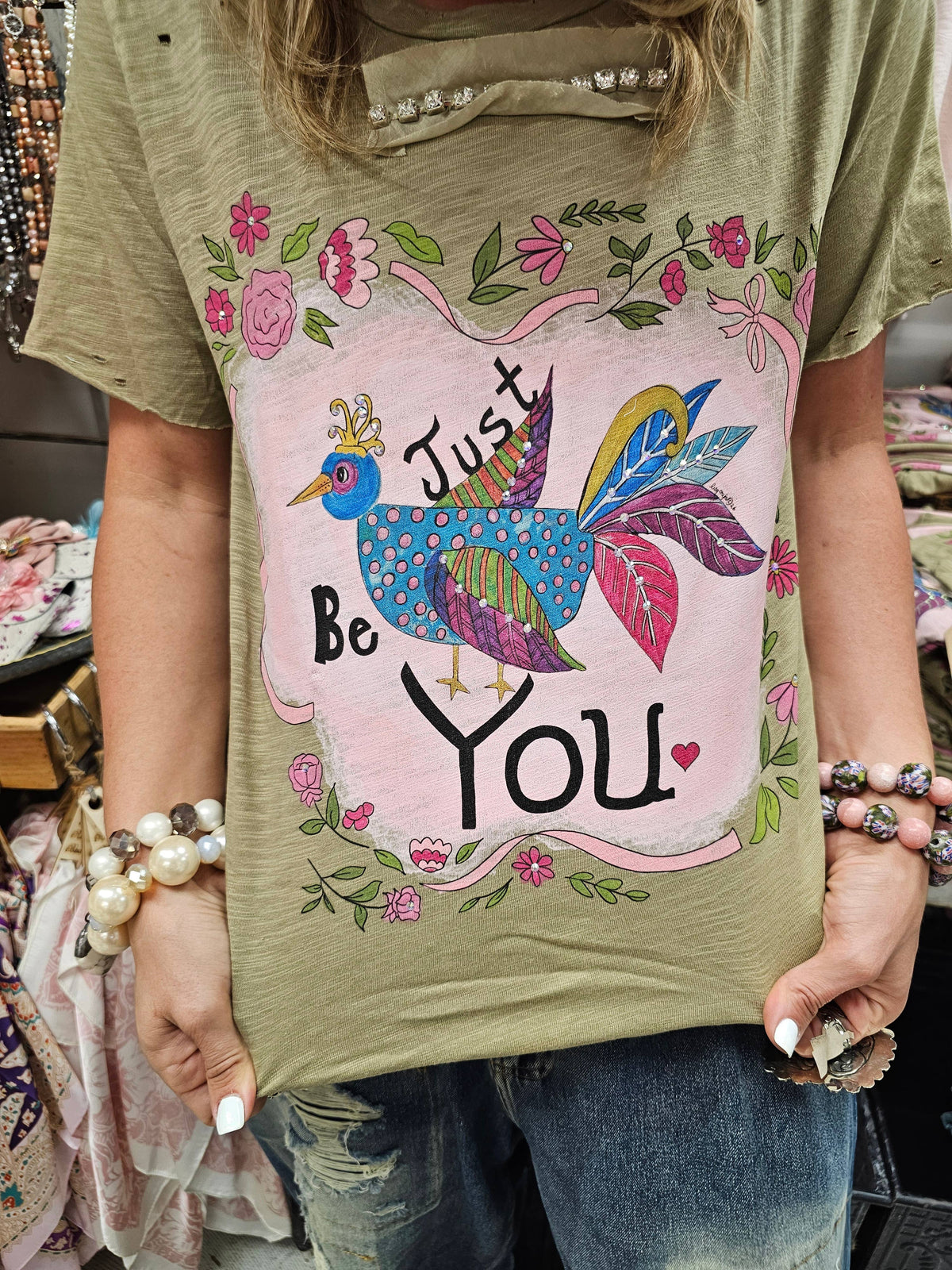 Rare Bird Just Be You Olive Tattered Tee-Boho Boutique T-Shirt