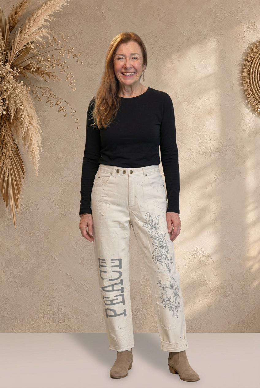 Peace and Love Jeans - Parchment Peace - Cotton Barrel Pants – Cream Graphic Print Boho Lounge Pants | Boho Boutique Clothing