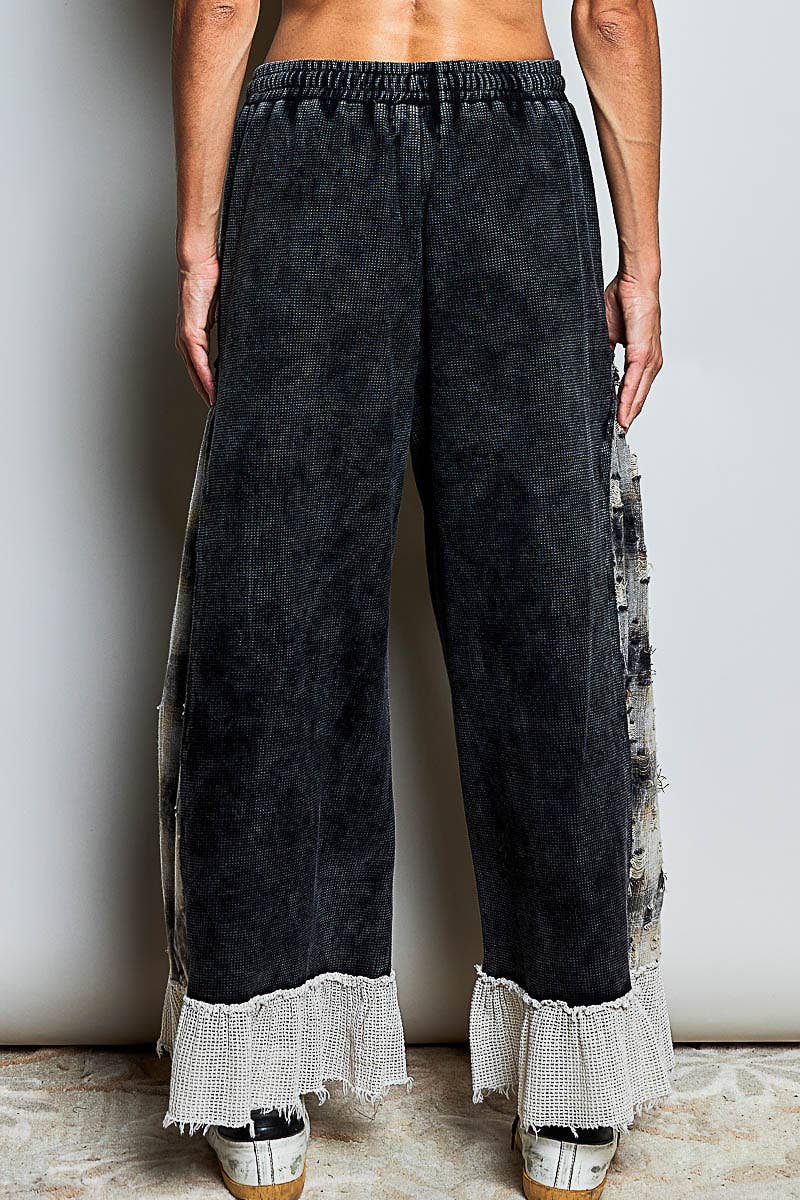POL Patchwork Tie‑Dye Wide‑Leg Pants – Black Boho Drawstring Bottoms | Boho Boutique Clothing