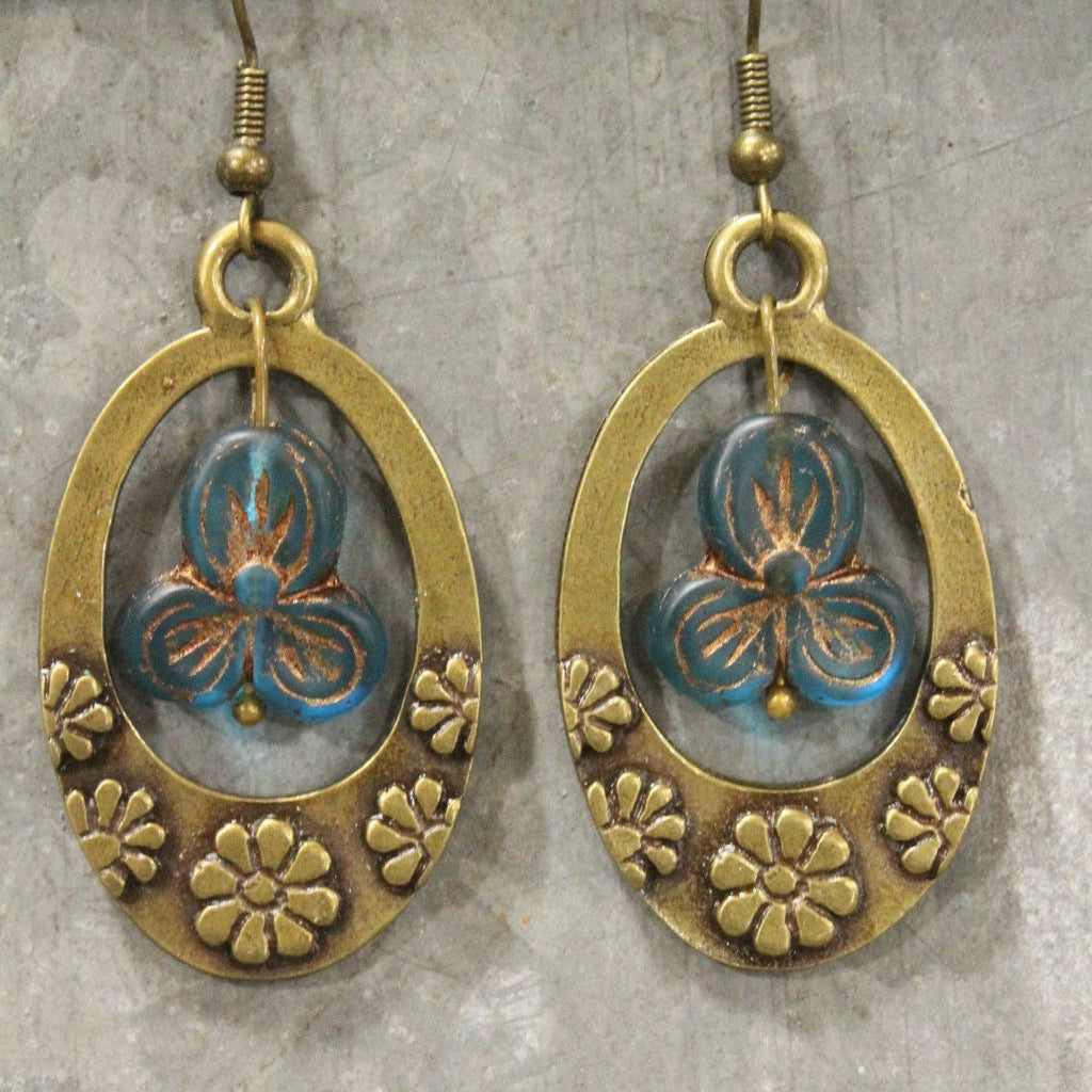 Groovy Flower Power Czech Blue Hoop Earrings-Boho Boutique Earrings