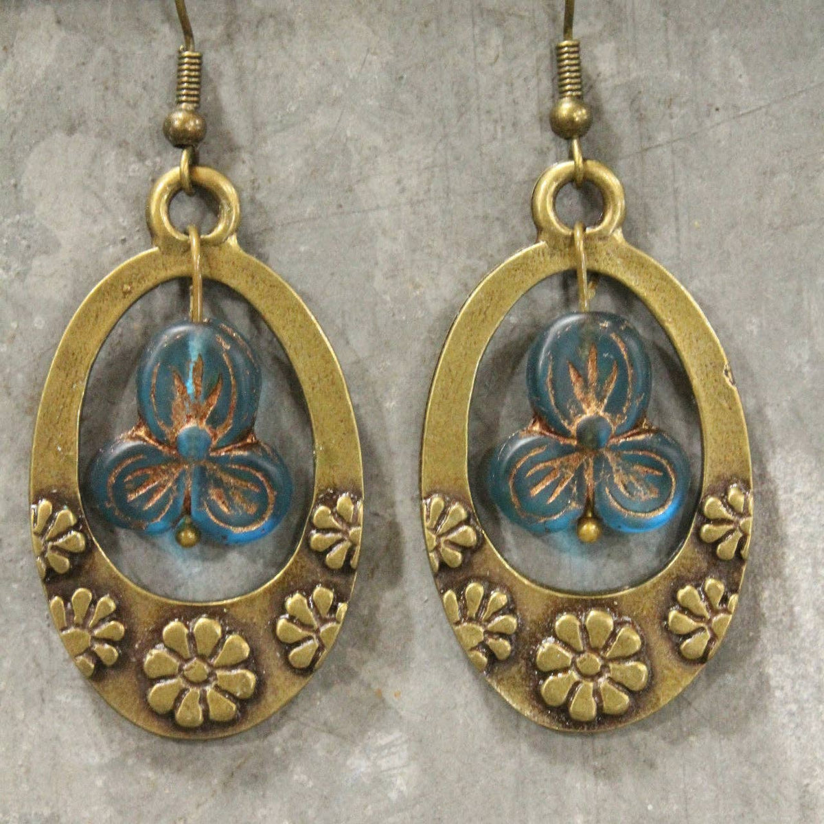 Groovy Flower Power Czech Blue Hoop Earrings-Boho Boutique Earrings