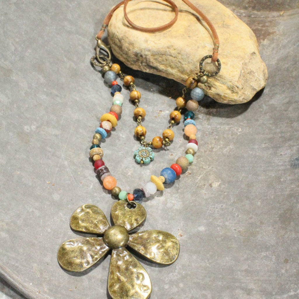 Fun In the Sun Flower Layered Leather Necklace