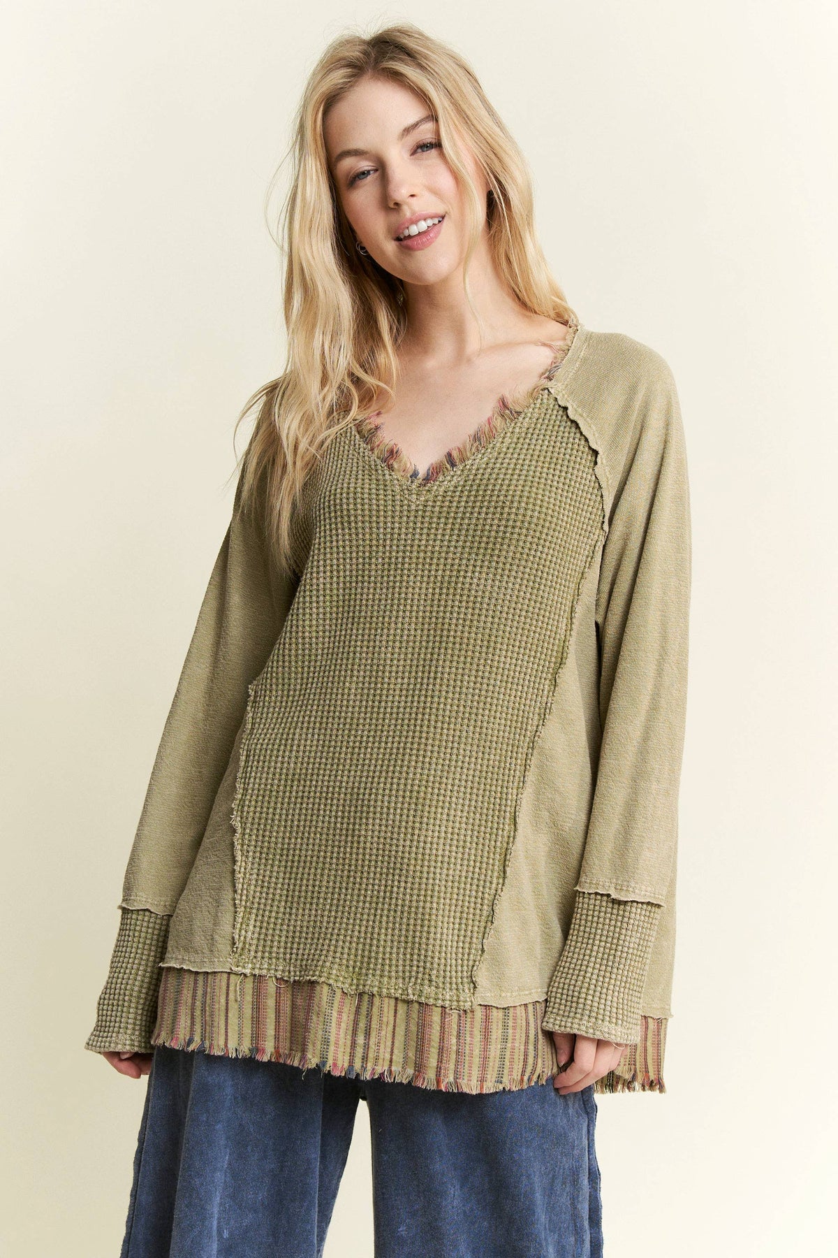 JHER Mineral‑Washed V‑Neck Sweater – Olive Textured Boho Distressed Top | Boho Boutique Clothing