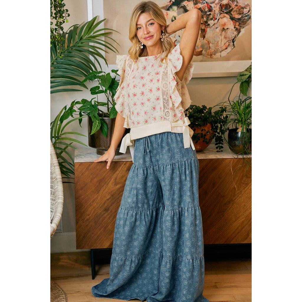 FLORAL TIERED FLARE DENIM PANTS: DENIM