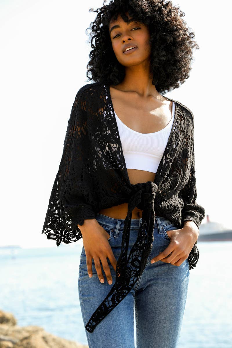 Leto Crochet Floral Kimono – Sheer Tie‑Front Boho Layer | Boho Boutique Clothing