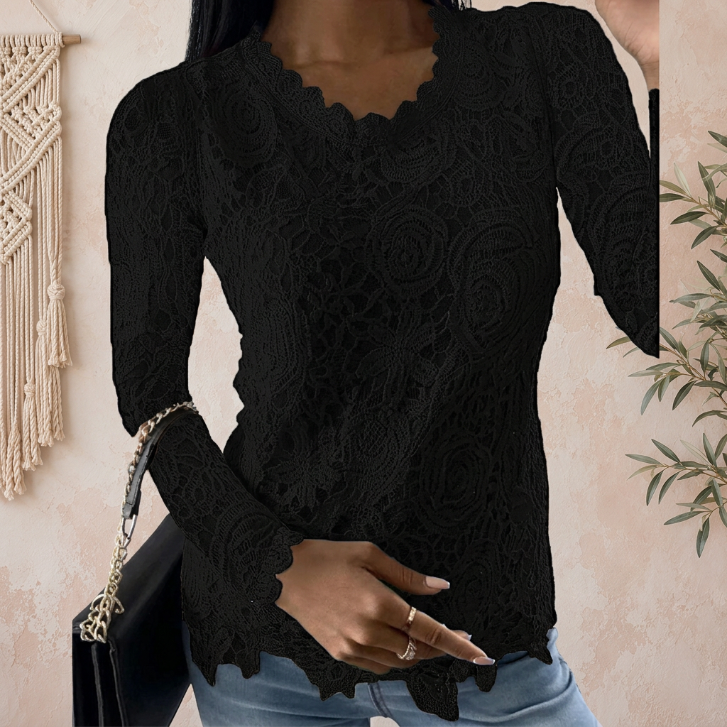 Scalloped Lace Long Sleeve Top - multiple colors