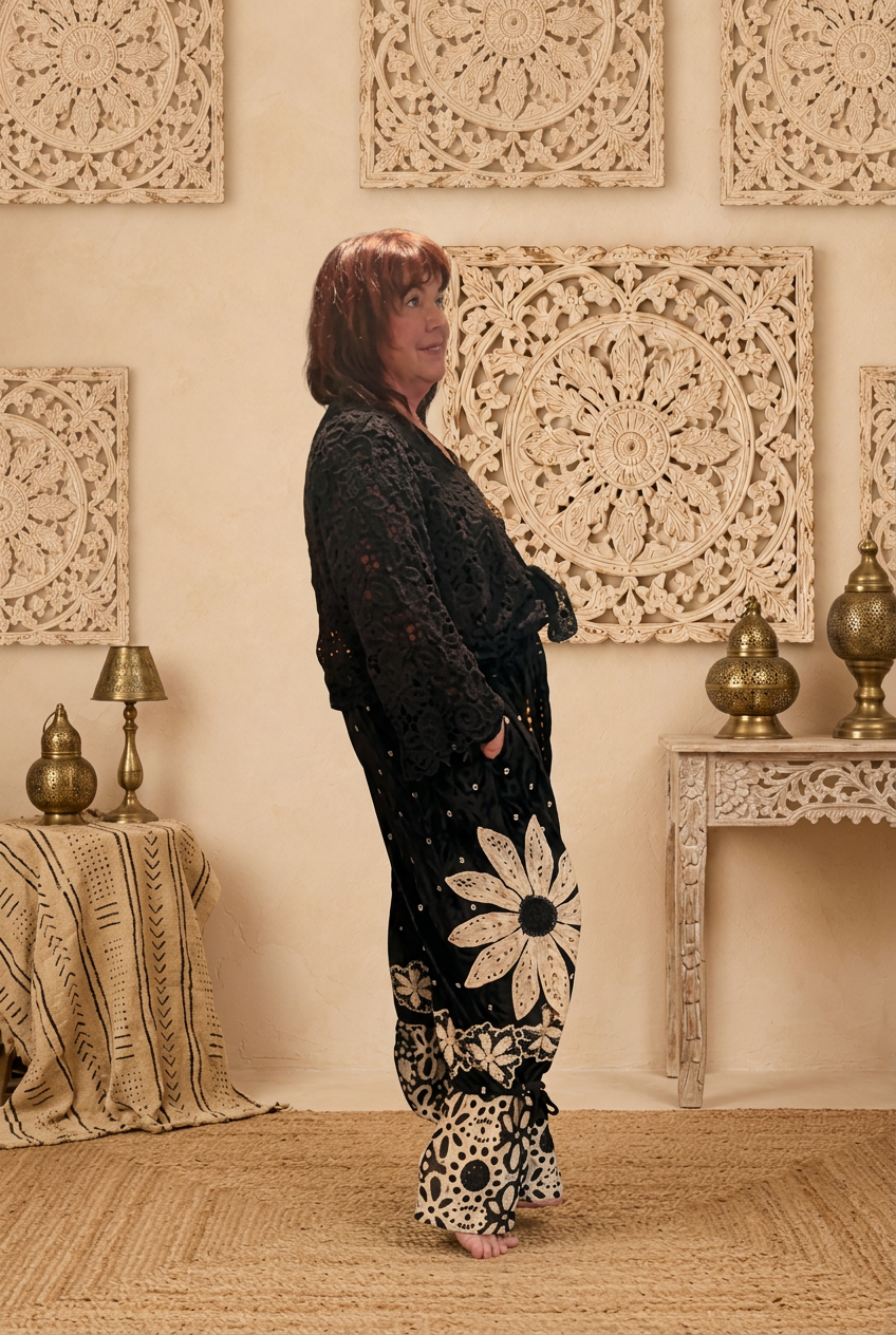 Black outfit side view with beige boho background