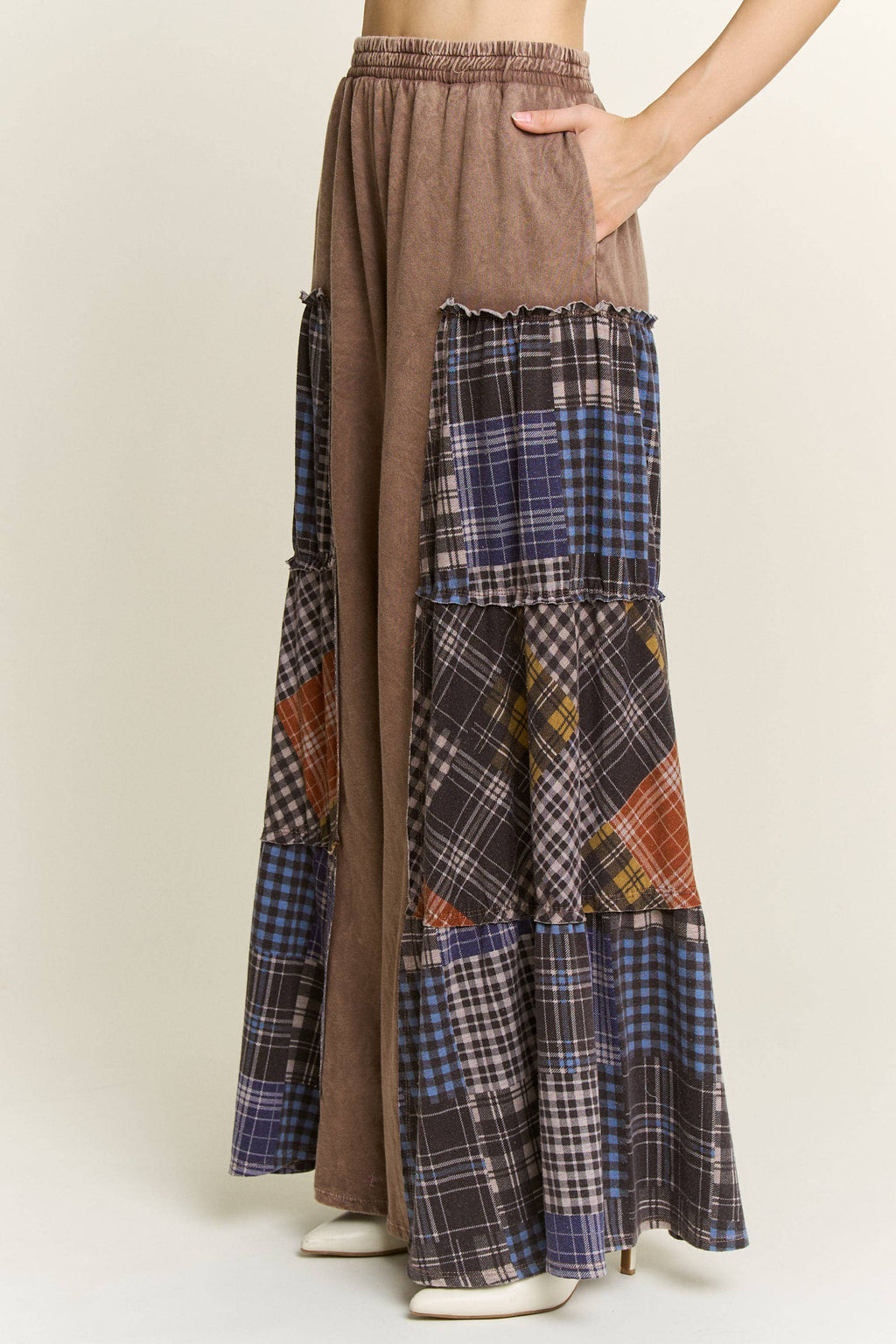 JHER Mineral‑Washed Tiered Plaid Wide Flare Pants