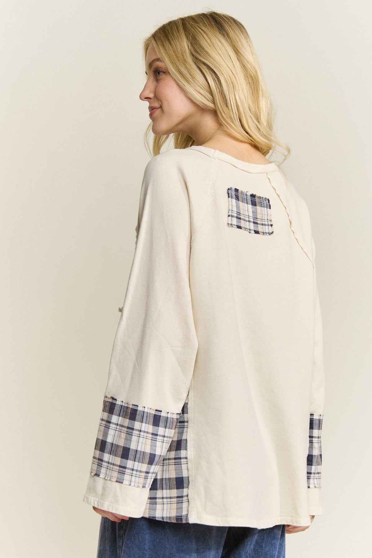 JHER Mineral‑Washed Distressed Star Patch Plaid Top