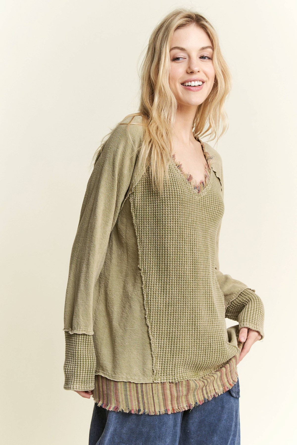 JHER Mineral‑Washed V‑Neck Sweater – Olive Textured Boho Distressed Top | Boho Boutique Clothing