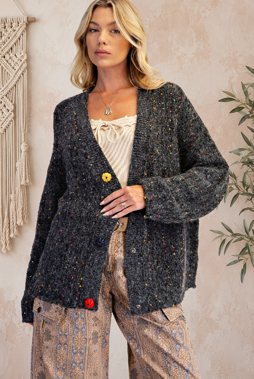 Cardigan front pose with beige boho backdrop