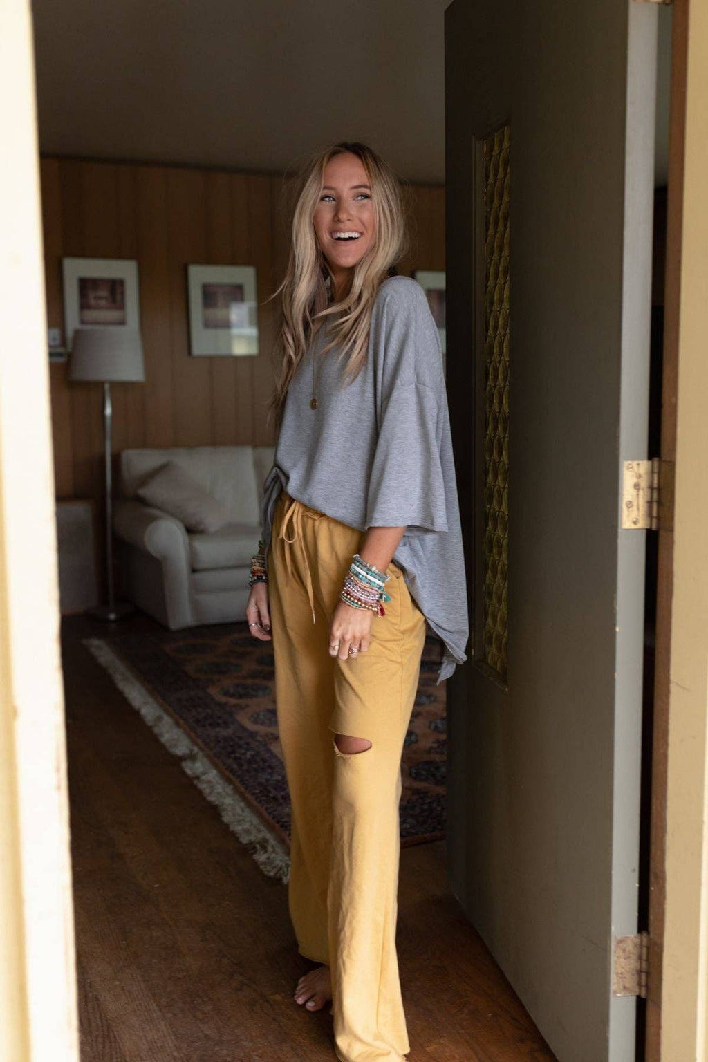 Three Bird Nest Scalloped Hem Open‑Back Top – Light Gray Boho Blouse | Boho Boutique Clothing