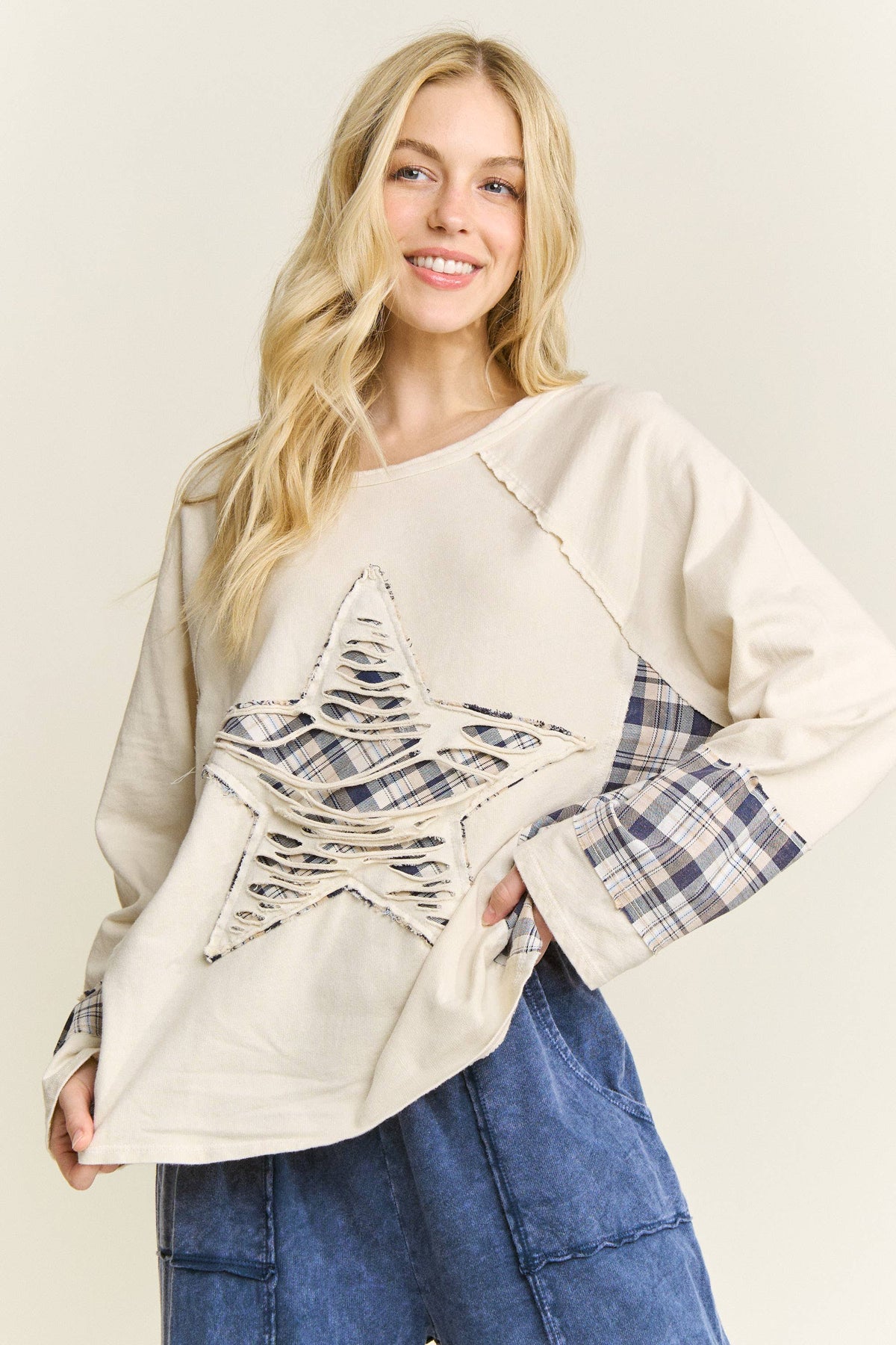 JHER Mineral‑Washed Distressed Star Patch Plaid Top