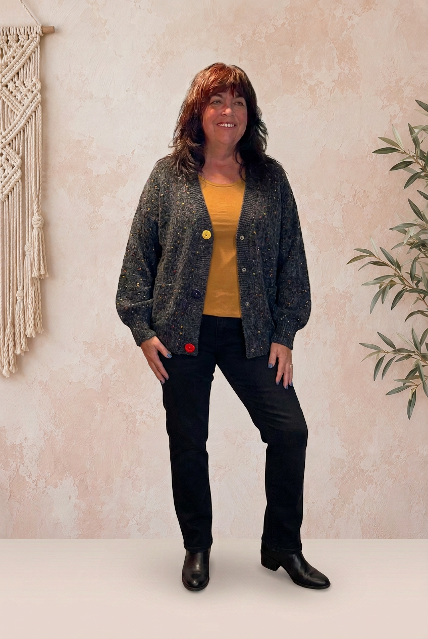 Charcoal cardigan and black jeans with a yellow top
