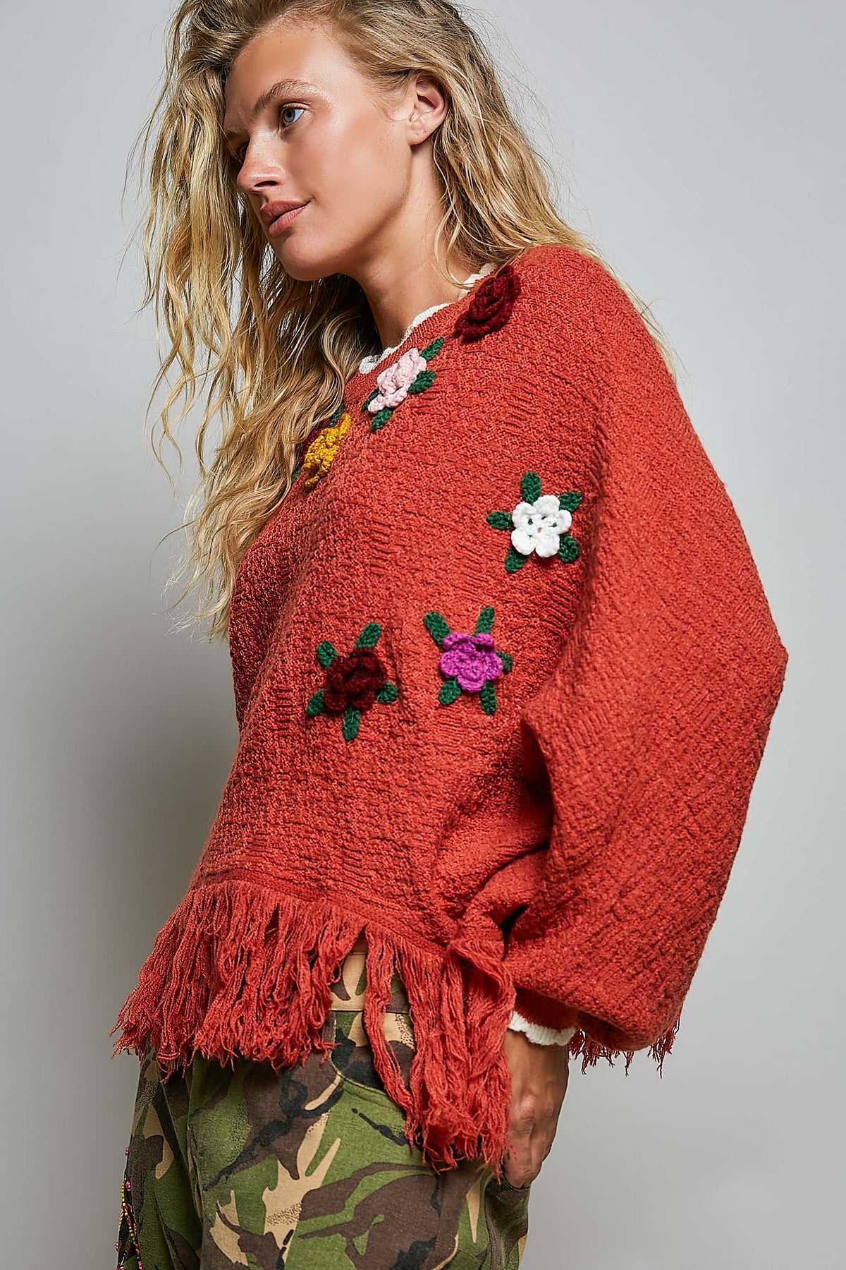 POL 3D Floral Applique Fringe Knit Poncho Sweater – Oversized Boho Knit Layer | Boho Boutique Clothing