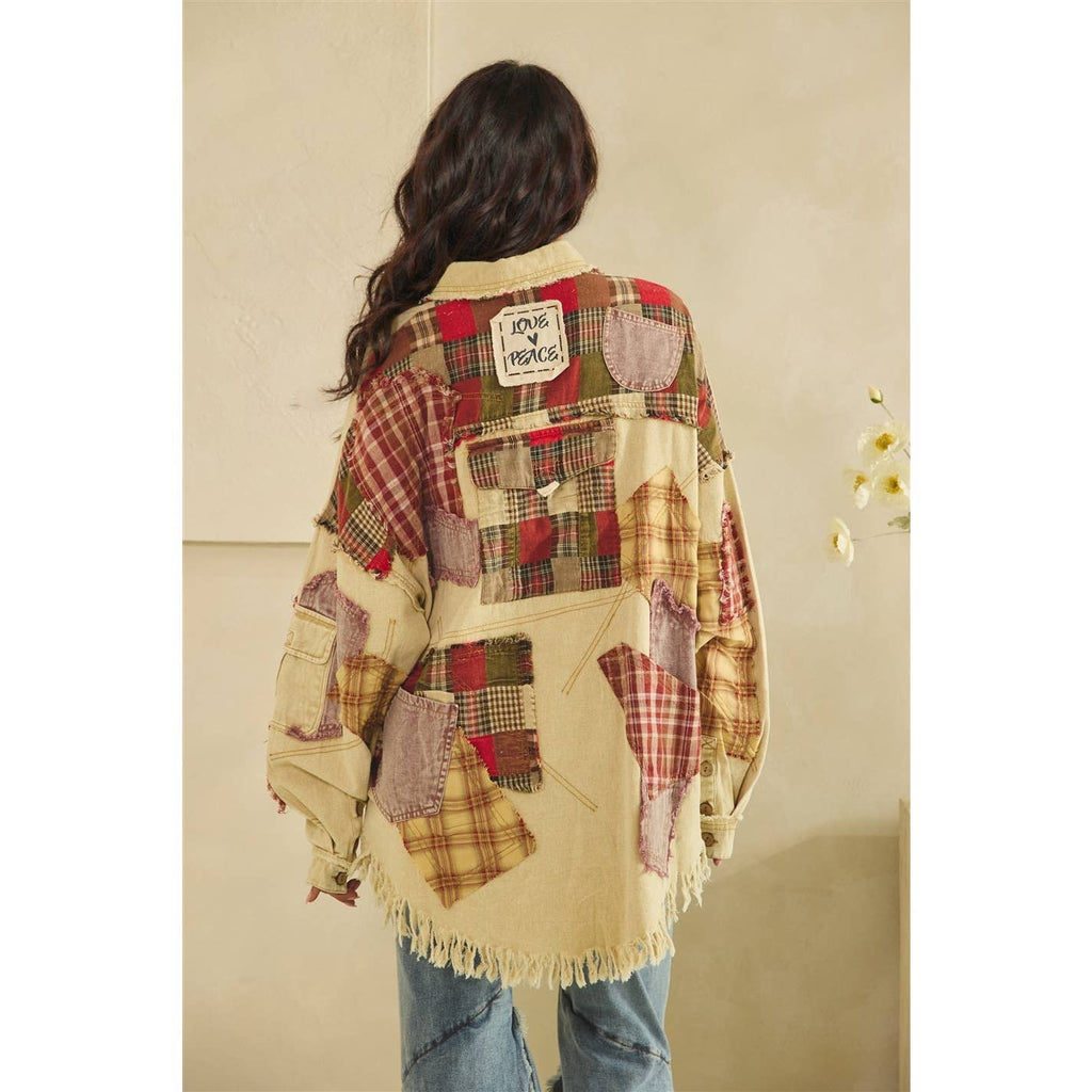 Oli & Hali Patchwork Button‑Up Shacket – Beige Rustic Boho Jacket | Boho Boutique Clothing