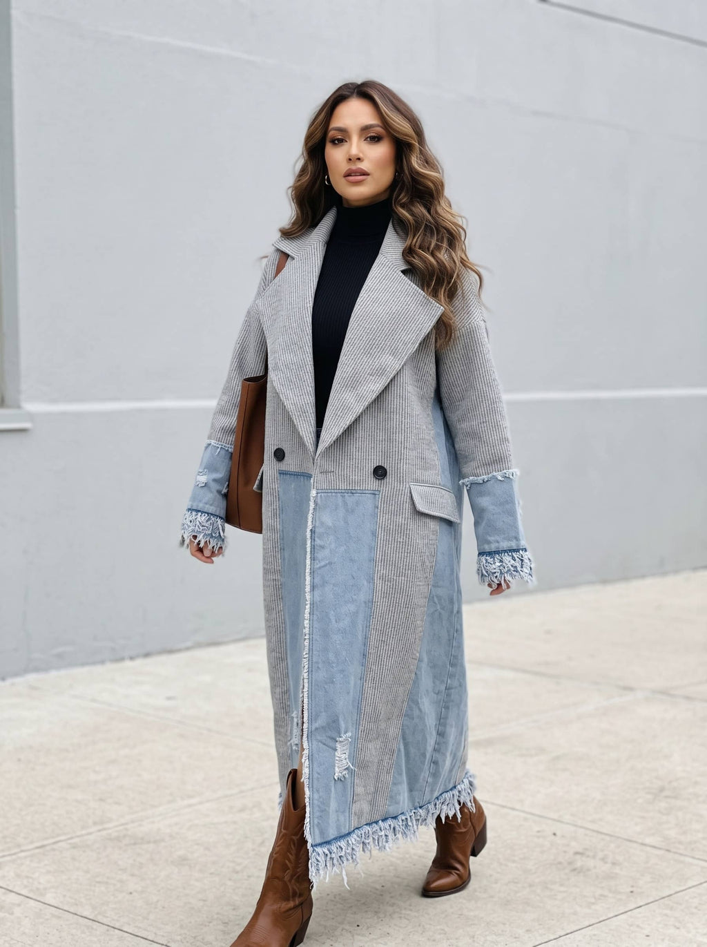 Athina Collection Denim‑Trim Coat – Gray Boho Longline Frayed Jacket | Boho Boutique Clothing