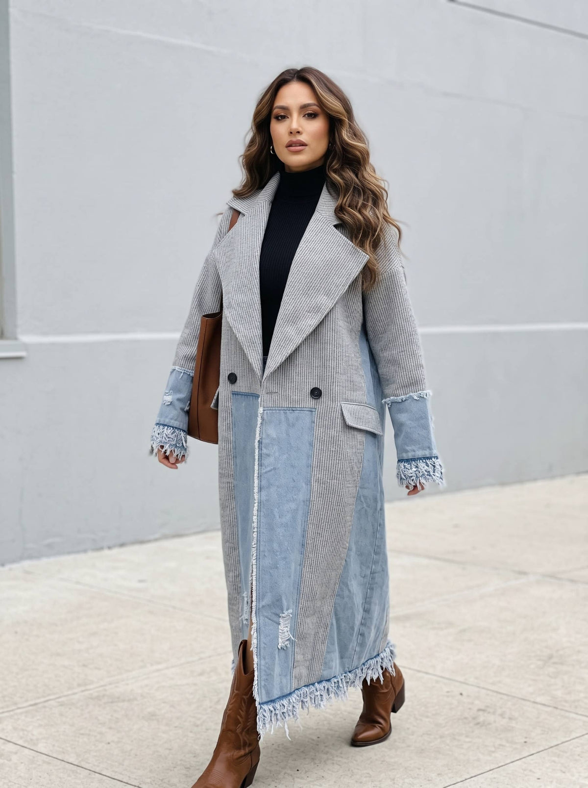 Athina Collection Denim‑Trim Coat – Gray Boho Longline Frayed Jacket | Boho Boutique Clothing