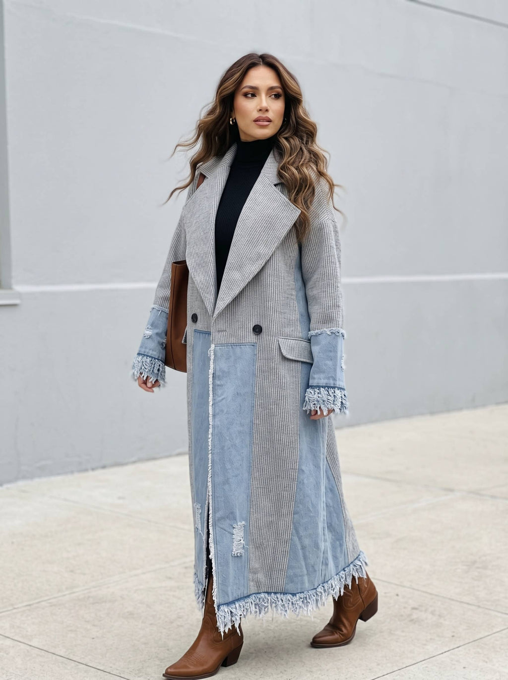 Athina Collection Denim‑Trim Coat – Gray Boho Longline Frayed Jacket | Boho Boutique Clothing