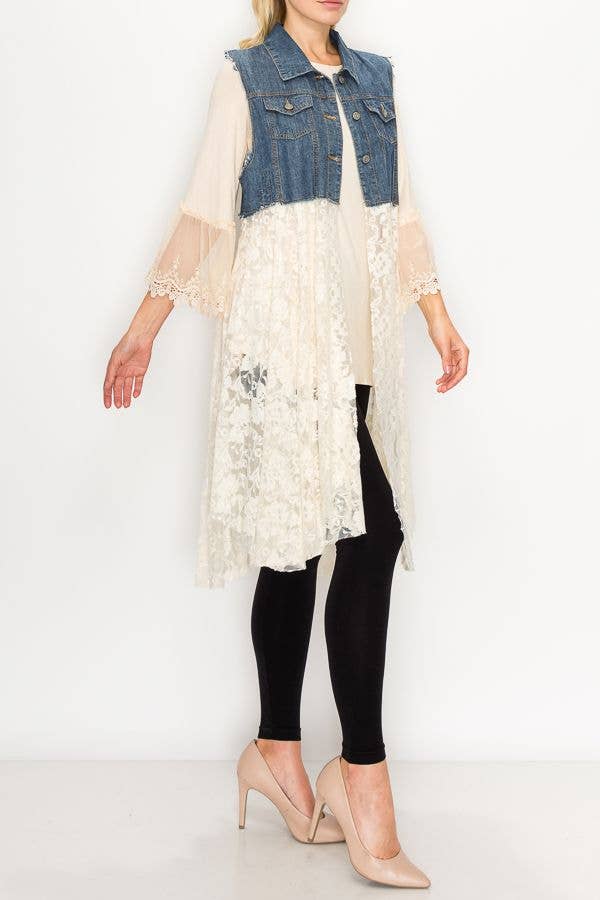 Origami Denim & Lace‑Style Layering Vest – Blue Boho Sleeveless Jacket | Boho Boutique Clothing