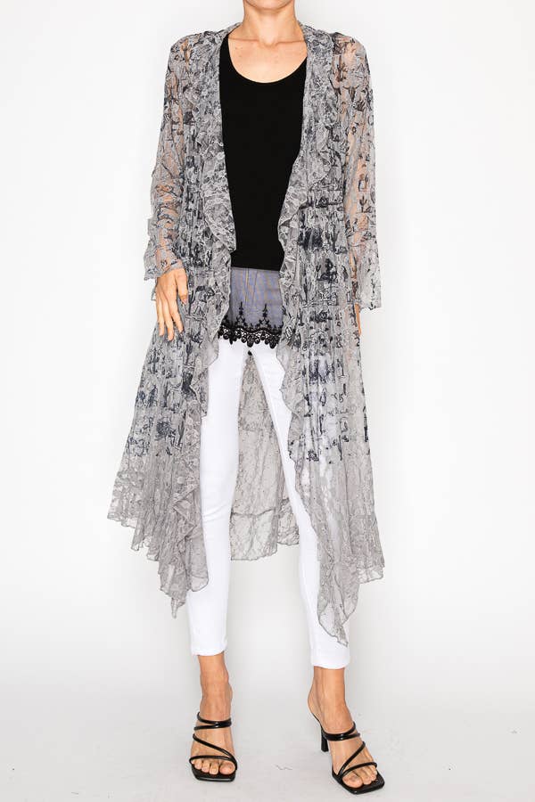 Origami Sheer Lace‑Pattern Duster – Silver with Sparkles Boho Layering Piece | Boho Boutique Clothing