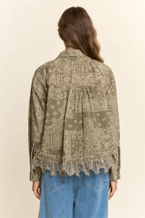Davi & Dani Frayed Hem Pattern Jacket – Taupe Textured Boho Shacket | Boho Boutique Clothing