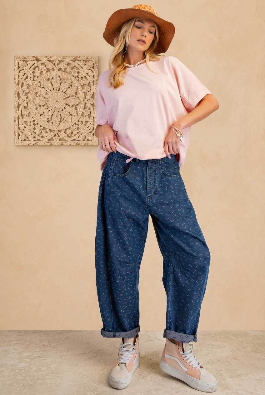 Dotted denim outfit with beige boho background