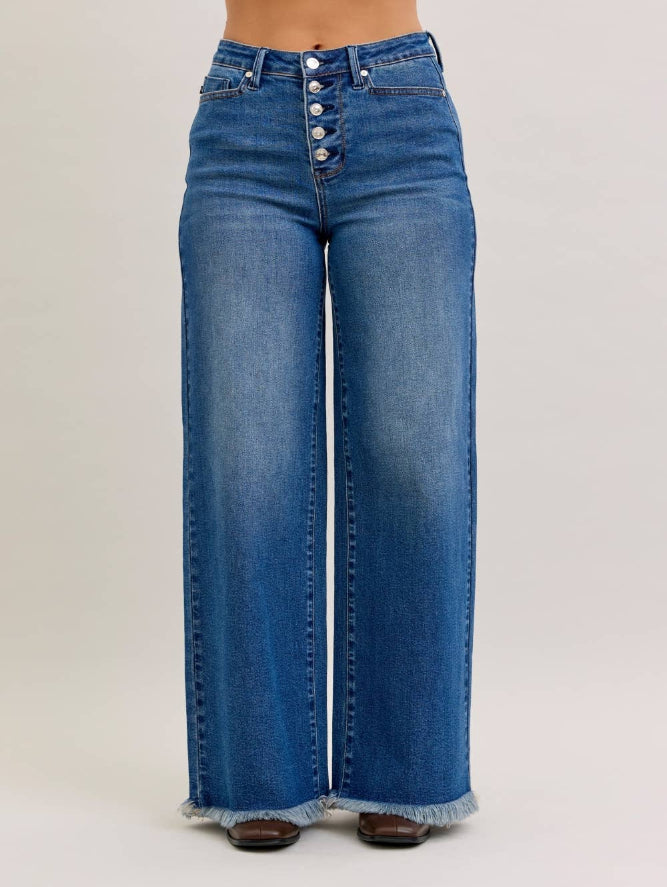Judy Blue High‑Waisted Button‑Fly Wide‑Leg Jeans – Vintage Blue Denim | Boho Boutique Clothing