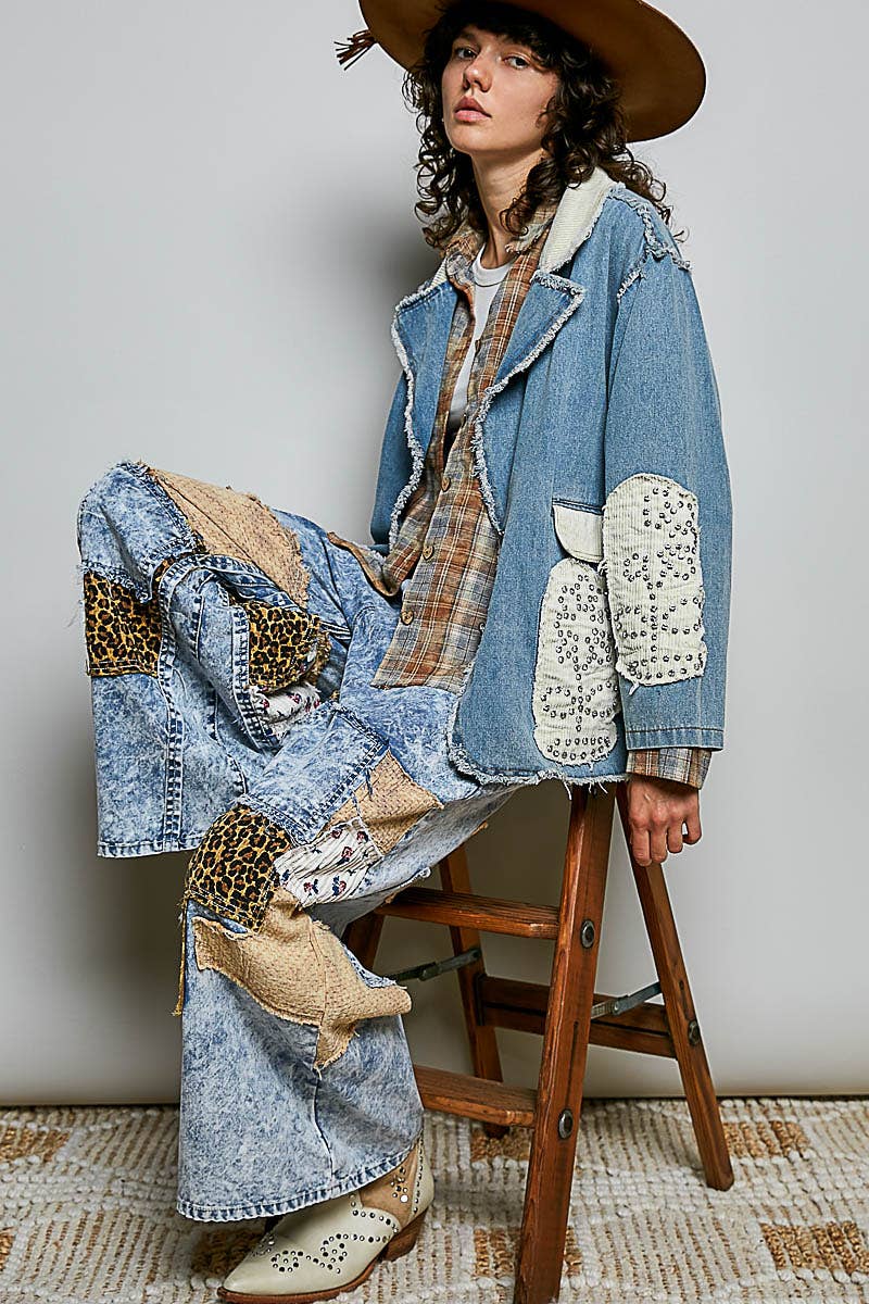 POL Corduroy Patch Vintage‑Washed Jam Stud Floral Jacket