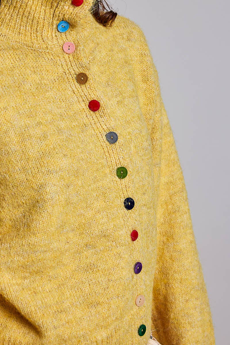 POL High‑Neck Button Sweater – Mustard Boho Knit with Color Pop Buttons | Boho Boutique Clothing