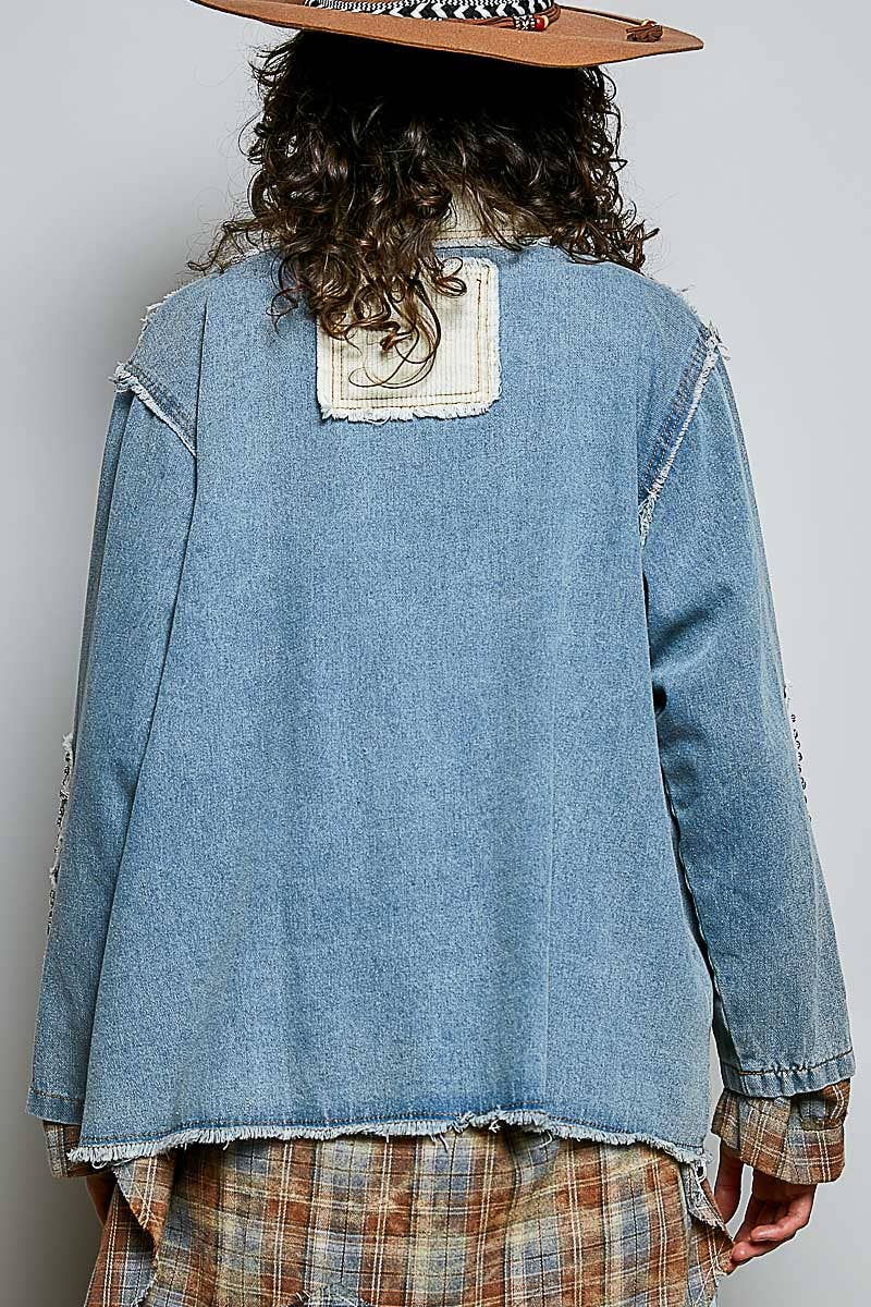 POL Corduroy Patch Vintage‑Washed Jam Stud Floral Jacket